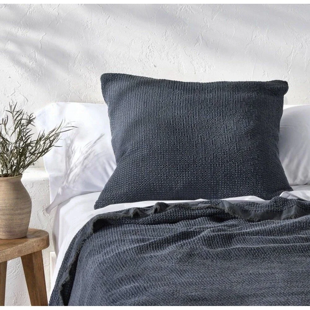 Set Of Two Euro Textured Waffle Pillow Sham Dark Mineral Blue - Casaluna NEW